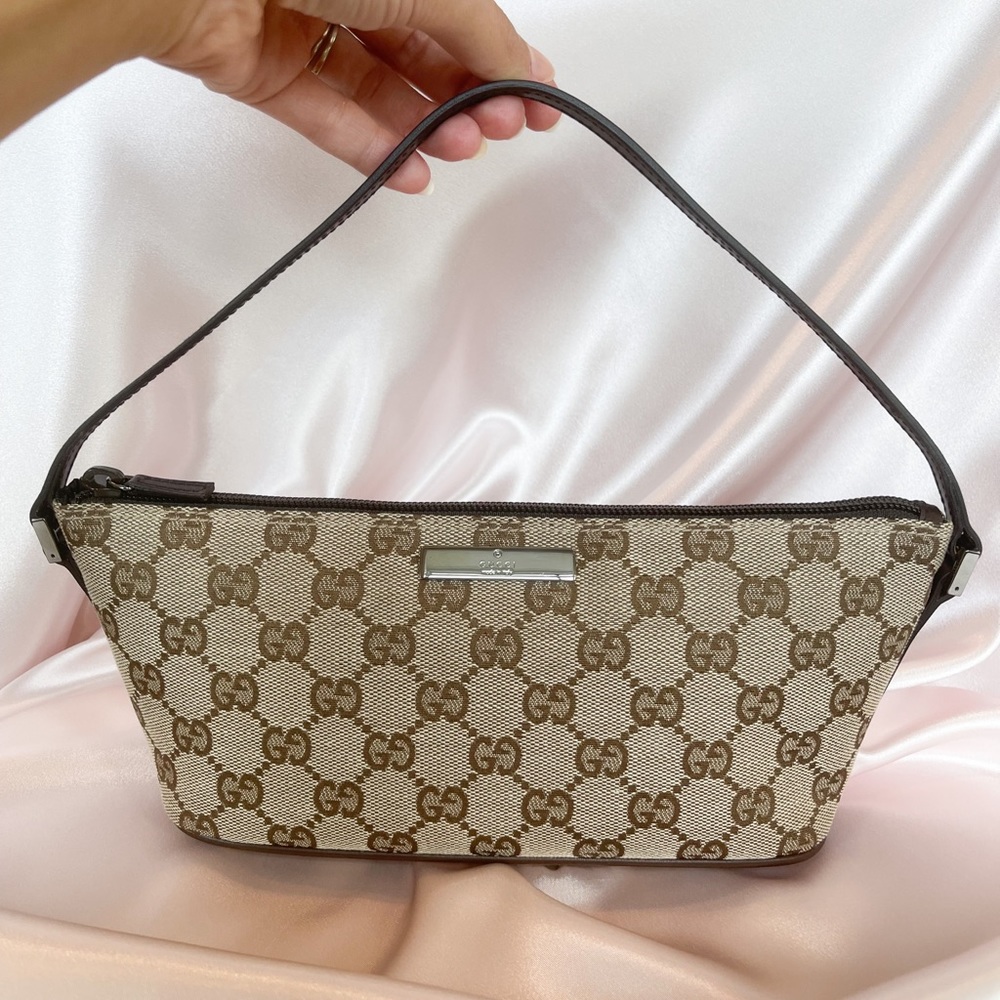 Gucci Boat Pochette Bag in Brown GG Canvas with Leather Trim